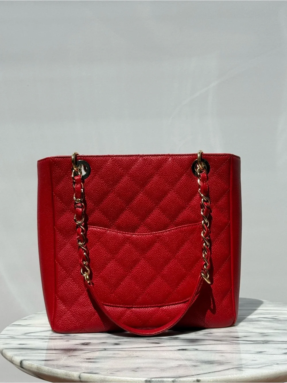 CHANEL Vintage Cherry Red Caviar Quilted Leather Tote with Gold Chain-Strap